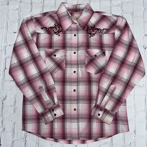 Cedar Rose Other - Cedar Rose Youth XL Embroidered Western Snap Shirt – Maroon & Pink Long Sleeve